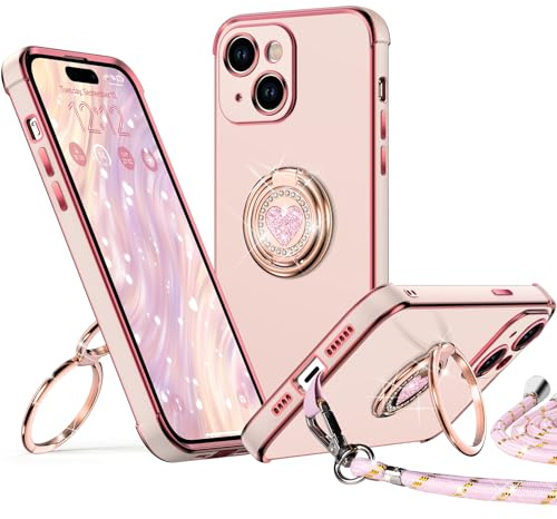 XYZ Coque pour iPhone 15, avec Double Anneau de Support Cœur, avec Lanière pour Filles et Femmes, Coque de Protection de Luxe Mignonne et Scintillante pour iPhone 15, Rose