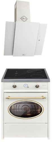 GURARI Herdset GCH E 612 Cr r + GCH S 171 WH 60, Retro Induktions Standherd 60 cm, Range Coocker, 60 L, Creme + Dunstabzugshaube, Wandhaube, Kopffrei Haube, Weißglas, Abluft/Umluft Haube