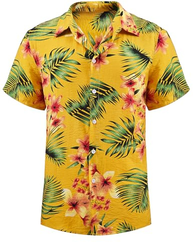 heekpek Camisa Hawaiana Hombre Manga Corta Verano Colores Camisa Hawaiana Estampada de Palmeras Flores Casual Playa Camisas Hawaianas, Amarillo, XXL