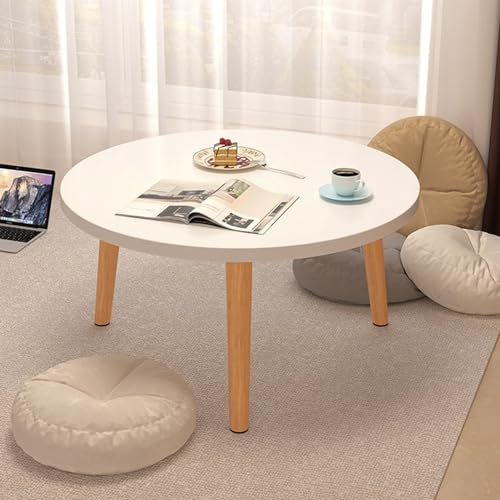 Fiauli Runde Couchtische aus Holz, Wohnzimmertisch mit 4 Holzbeinen, weißer Sofatisch, niedriger Couchtisch, Kleiner Teetisch im nordischen Stil für Esszimmer, Café (weiß)