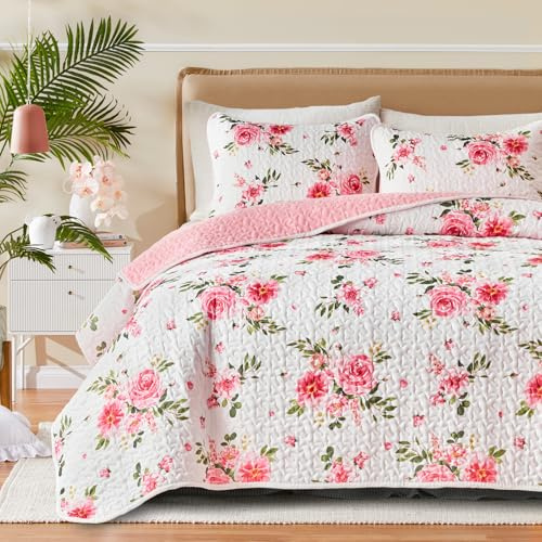 UOZZI BEDDING Floral Quilt Set 3 Pieces Queen Size White Pink Flower Soft Microfiber Lightweight Summer Reversible Coverlet Bedspread for All Season -1 Quilt 88 * 88 + 2 Pillow Shams