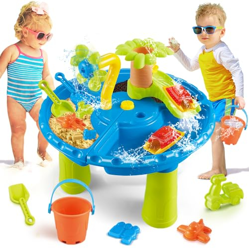 TERRAMUS 3 in 1 Wasserspieltisch, 22 STÜCK Set Sand Wassertisch für Kinder, Wasserspieltisch Draußen Strandspielzeug Garten Hinterhof Sommer Outdoor Sand Spielzeug for Junge Mädchen 3 4 5 6 Jahre
