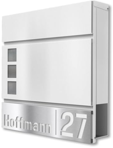 Metzler Briefkasten mit Edelstahl-Namensschild Svena in RAL 9016 Verkehrsweiß - V4A Schild mit ausgestanztem Namen & Hausnummer - Zeitungsfach & Fenster - Postkasten, Größe: 37 x 37 x 10,5 cm