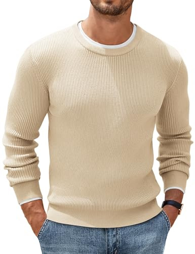 COOFANDY Herr rund hals tröja basic stickad tröja finstickad affärströja herr ribbad tröja vintertröja, Kräm beige, S