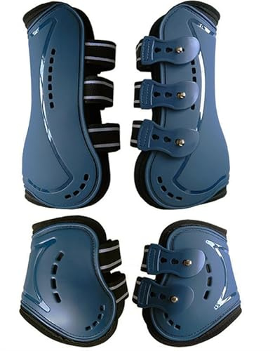 Merauno® Gamaschen & Streichkappen, 4er Set Gamaschen Pferdesehne Bandage mit Robust Elastisch, PU Shell, Neopren atmungsaktiven Löchern für Springen, Reiten, Events (L, Marineblau)