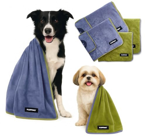 FLUFFINO Hundehandtuch 4er Set - 2X 120x70cm & 2X 90x50cm - extrem saugfähig & weich | Waschbar bei 60°C, schnell trocknendes Mikrofaser-Handtuch für kleine, mittelgroße & große Hunde