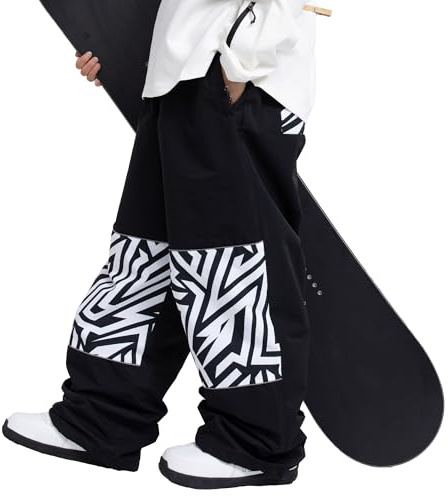 SNOWVERB Skihose für Damen und Herren, Baggy, Cargohose, knielefest, reflektierende Grafik, lässige Schneehose, wasserdicht, lockere Passform, Snowboardhose, Mountain Shredder, S