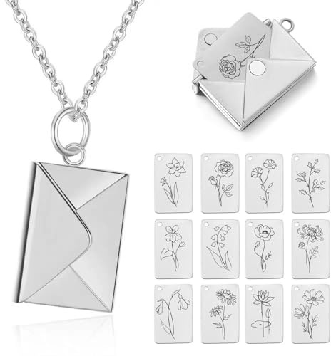 Urijk Personalized Envelope Locket Necklace, Custom Love Letter Necklace, Engraved Love Letter Necklace, Secret Note Necklace, Letterbox Necklace, Personalized Gift for Women(Silver-A)