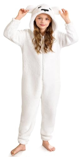 BesserBay Kinder Mädchen Jungen Fleece Warm Reißverschluss Kapuze Kostüm Hausanzug Overall Jumpsuit Bär Weiß 5-6 Jahre