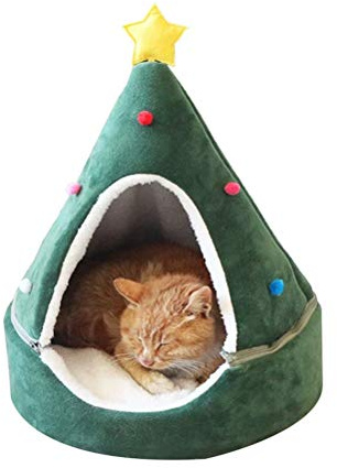 Katzenbett, Weihnachtsmütze, Katzenzelt, Tragbares Katzenzelt, Höhlenbett, Weihnachtsbaum, Katzenhausbett, Bequemes Dreieckiges Katzenbett, Haustierzelt, Haus für Kleine Hunde