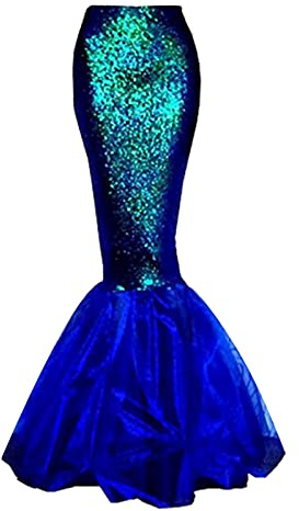 Orbgons Karnevalskostüm Damen, Damen MeerjungfrauenRock Glitzer Pailletten WickelrockTüllrock Fischschwanz Lustige Maxirock für Karneval Kostüm Abendkleid Prinzessin Cosplay Party Halloween (Blue, L)