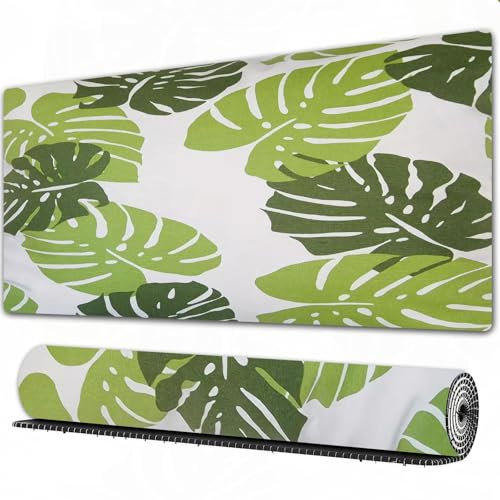 FEHWI 90×40 cm Verlängertes großes Mauspad Schreibtischauflage,Tropisches nahtloses Muster mit exotischen Palmblättern. Tropische Monstera,genähte Kanten Gaming mauspads,rutschfeste Gummibasis