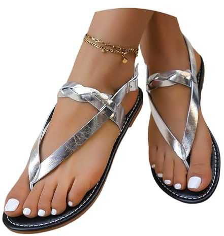 Sandales À Clip -Toe Tongs Plates for Femmes Sandales À Séparateur D'orteils En Cuir Verni PU Sandales Bohèmes À Bout Ouvert Et Bride Arrière Avec Boucle Chaussures D'été Décontractées(Silver,40 EU)