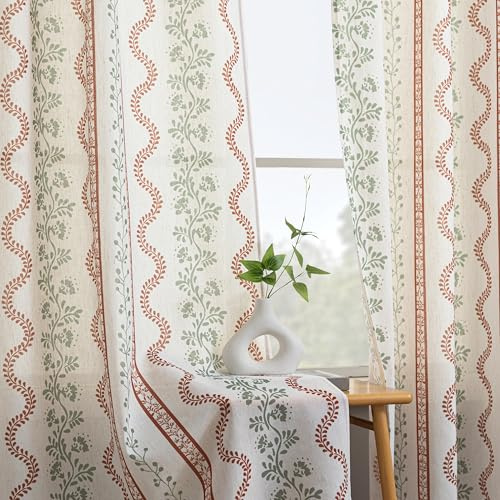 Terracotta and Green Boho Floral Linen Curtains,Farmhouse Striped Sheer Bohemian Curtains for Bedroom Living Room 96 Inches Long 2 Panel Set