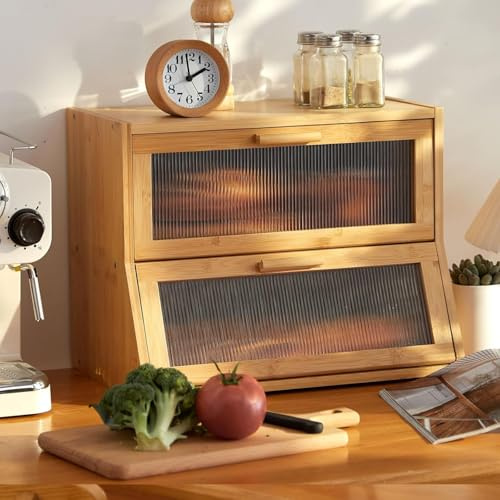 Bambus Brotkasten mit Belüftung Eco Brotbox Brotkorb mit Schneidebrett Aufbewahrungsbox Küche Brotaufbewahrung Brotbehälter Visualisiert für Brot, 2 Etagen und Sichtfenster,40x25x33cm (Bambus)