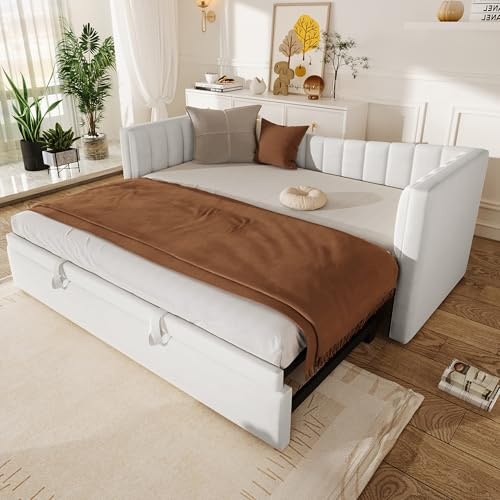 TOBIDOEN Daybett Ausziehbett 90x200 cm Sofabett, Ausziehbar zum Gleiche Höhe Doppelbett 180 cm, Polsterbett Einzelbett Tragkraft 150/80 kg, Ohne Matratze, Samtstoff, Weiß