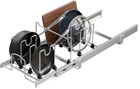 Pull Out Pots and Pans Organizer Under Cabinet, Sliding Adjustable Pot Rack with 9 Adjustable Dividers, Chrome-Plated Pot and Pan Holder Rack, Full-Extension Rail for Kitchen Organization 12 W*22 D