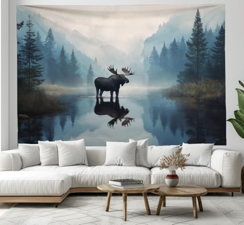CEDNXOER Wandteppich Abstrakt Tier 180×230cm Wandteppiche Elch Wald Berge 3d Druck Wandbehang Tapisserie Wandtuch für Wohnzimmer Schlafzimmer Wohnheim Wanddeko Dunkelblau