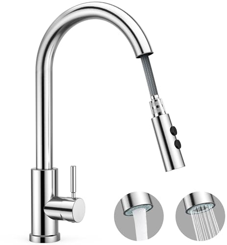 Rubinetto lavello cucina con doccetta estraibile 50 cm, miscelatore cucina inox 304 girevole 360°, 2 modalità di spruzzo, rubinetto da cucina moderno ad alta pressione per lavello doppio o singolo