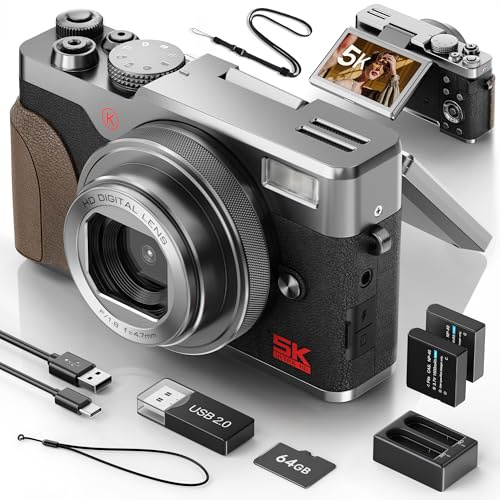 NBD 64MP Digital Camera with 5K Vlogging Capability, 180° Flip Screen, 18X Zoom - Compact Point and Shoot Camera for Beginners, Includes 64GB TF Card (Silver)