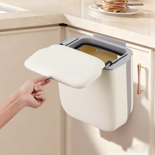 Kryndle Food Waste Bin, 14L Kitchen Compost Bin, foldable, Beige | Hanging Trash Can with Lid, Suitable for Cabinet Doors, Under Sinks, Bathrooms and Outdoor Camping