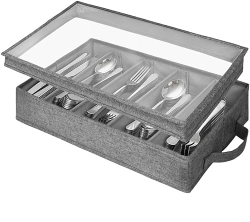BildeeMait Caja de almacenamiento de cubiertos con tapa extraíble y separadores ajustables, caja de cubiertos de tela Oxford gris