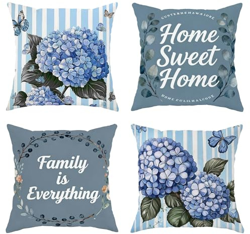 Hydrangea Throw Pillow Covers Set of 4, Modern Elegant Butterfly Leaf Spring Blue Soft Velvet Washable Decorative Pillow Cases for Living Room Apartment Bed Sofa Decor 14x14 Inch