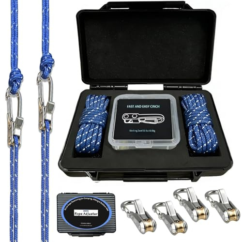 6 Pack Rope Tightening Tool, Heavy Duty Tent Guy Lines with Quick-Release Alloy Buckle & Storage Case, No-Knot Tie Down Ropes for Camping, Tarps, Hammocks, and Boating (Blue)