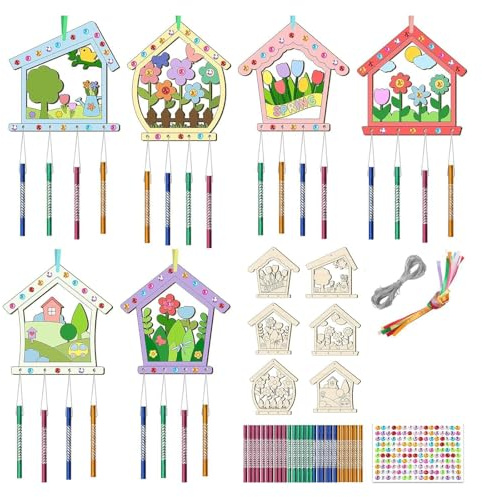 12 Pcs Spring Wooden House Wind Chime Kit for Kids, DIY Wooden | Wind Chimes Crafts, Spring Crafts for Kids Activities, Garden Indoor Outdoor Window Art Decoration Spring Gifts
