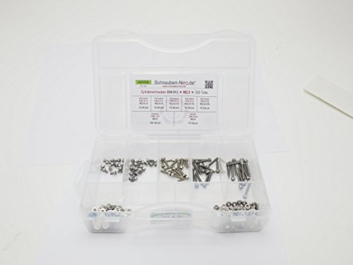 Sortiment DIN 912 Edelstahl A2 Schrauben Durchmesser M2,5, 300 Teile ; Zylinderkopfschrauben/Innensechskantschrauben, inc. Muttern DIN 934, Unterlegscheiben DIN 125, Material VA V2A