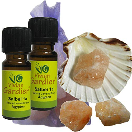 Salbei ätherisches Öl naturrein 2 x 10ml aus kontrolliertem Anbau. 7 teiliges Aromatherapie Duft Set mit Muschel + 3 Salz Kristalle zum Beduften + Säckchen. 50048
