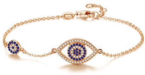 TONGZHE Blue Evil Eyes Link Bracelet Sterling Silver 925 Cubic Zirconia Chain Adjustable 7(Rose Gold)