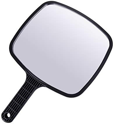 PONIK’S Professional Tragbarer Runder Friseurspiegel 24cm Schwarz - Handspiegel mit Griff und Aufhängeclip - Professionelles Friseur Zubehör und Zuhause