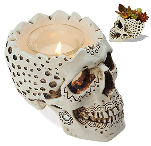 Skull Candle Holder Planter Gothic Halloween Decor Day Dead Skull Gift Goth Home Accessory-5.9” with Votive Tealight