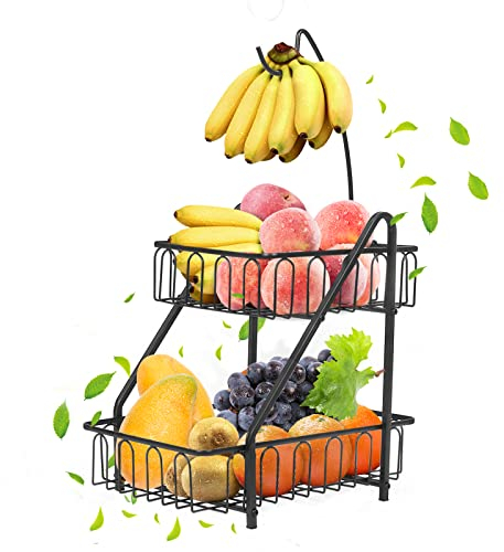 Bomclap Cestino Portafrutta a 2 Ripiani con Porta Banana (Nero)
