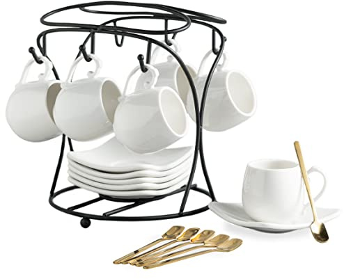 Espressokoppar med tefat, kaffekoppar i porslin och metallstativ och skedar, små Demitasse-koppar för Espresso, latte, café mocka, cappuccino och te, set med 6, vit