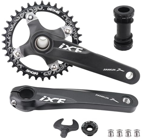DJC Bike Crankset 104BCD with Chainring BSA Bottom Bracket with Spindle for MTB 1x 2X 3X Speed Mountain Bike Black Red Oilslick 170mm 175mm (170mm Black, Round 32T)