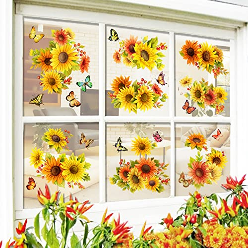 Litupic Sunflower Butterfly Window Stickers Spring Summer Window Decorations | Large-Size Double-Sided Clings for Glass Home, Bedroom, Nursery Room Decals - 44 Pieces