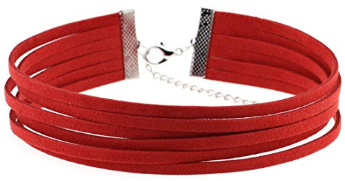 LAIFEKE Punk Sechs Reihen Samt Choker Gothic Halskette Hals Zubehör Metallkette Halsgürtel (Rot)