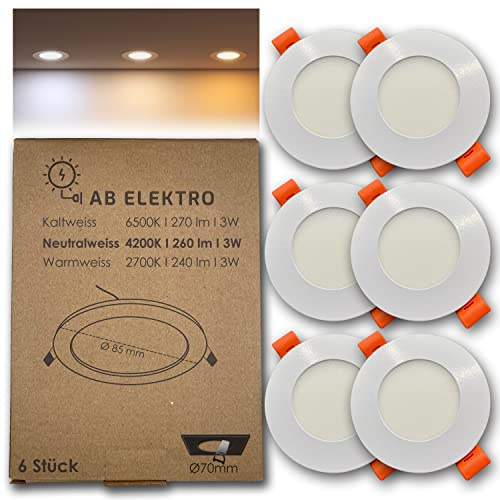 AB Elektro LED Deckenleuchte Flach Rund 6er Set I 3W Einbaustrahler 12V Neutralweiß I Panel Deckenleuchte I Einbauleuchte Set Mit Trafo