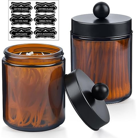 2 Pack Glass Apothecary Jars with Lids and Labels - Bathroom Counter Storage Jars, Qtip Holders Vanity Countertop Canisters (Amber)