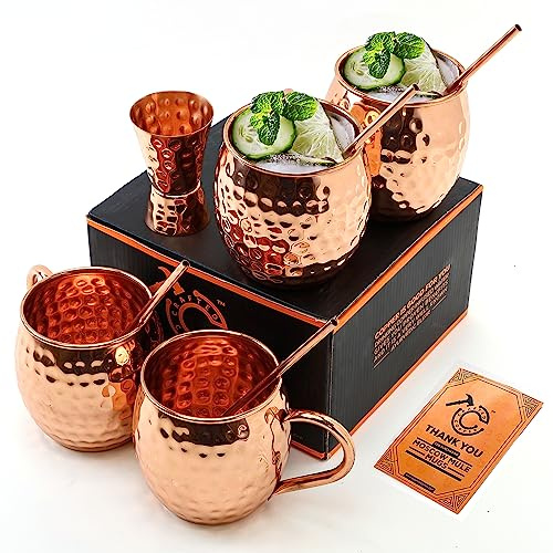 Moscow Mule Cups Set of 4 | 100% Pure Copper Food Safe 16oz Copper Cups with 4X Copper Straws and 1x Copper Jigger - Premium Moscow Mule Kit (Copper)