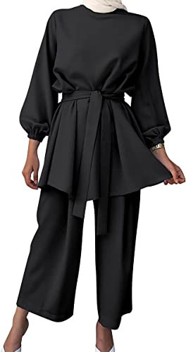 Vagbalena Gebetskleidung für Frauen Muslimische Frauen langärmliges Oberteil + Hose Zweiteiliger Ramadan-Anzug langärmliges lockeres zweiteiliges arabisches Kostüm (Schwarz,XL)