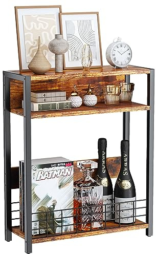 IBUYKE Narrow Side Table with Storage Shelf, 3 Tier End Table,Modern Sofa Table,Small Nightstand with Magazine Rack,Telephone Table for Small Spaces,for Living Room, Bedroom,Brown UTMZ001H