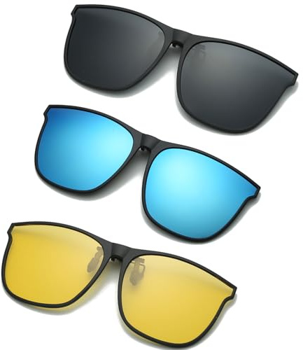 YAMEIZE Polariserade 3 par clip-on – solglasögon för kvinnor män clip-on solglasögon uppfällbart UV400-skyddsglasögon för körning resor och fiske.., Grå+blå+nattvision