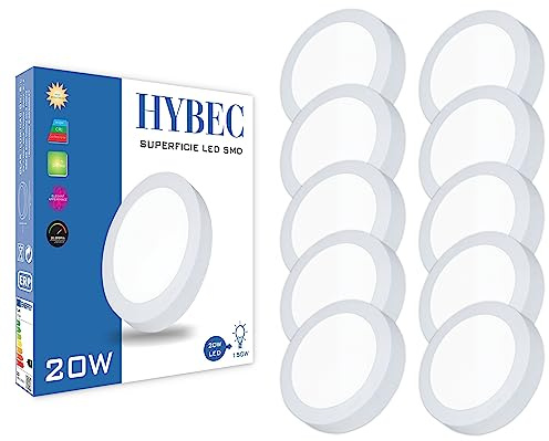 HYBEC - Downlight LED Superficie 20W, Plafón LED Cocina y Baño, Lámpara de Techo, Blanco Cálido 3000Kº (Pack 10)
