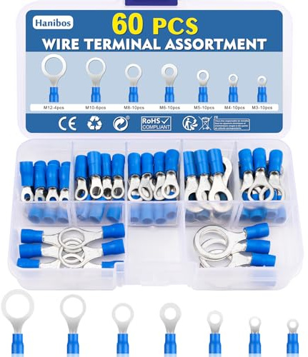 Hanibos Lot de 60 cosses à anneau - 1,5-2,5 mm² - Bleu - Cosses à sertir - 16-14 AWG - Anneau de cosses de câble - Diamètre du trou : M3 M4 M5 M6 M8 M10 M12 - Cosses de câble rondes - 7 tailles