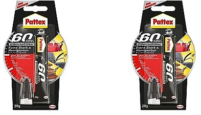 Pattex 60sec. Universalkleber, Alleskleber für Haushaltsreparaturen, schnell klebend in nur 60 Sekunden, starker Kleber für vielfältige Materialien, 1x20g Tube (Packung mit 2)