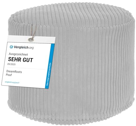 DreamRoots Cord Pouf Hocker rund 50x50x35 cm, Cool Gray | Runder Bodenstuhl, Sitzkissen Boden, 380 g/m², für Wohnzimmer, Schlafzimmer & Homeoffice, waschbar, Fußhocker