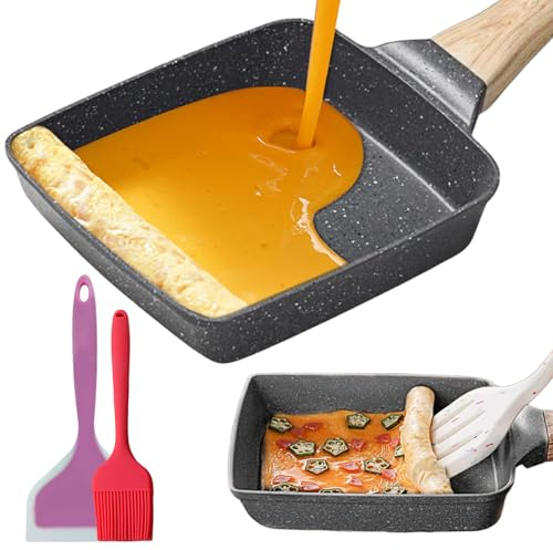 SPORWAY Padella per Omelette Giapponese, Tamagoyaki Padella Rettangolare Padella per La Colazione, Padella Pancake con Spatola in Silicone Pennello per Olio per Crepe Uova al Tegamino (Nero)